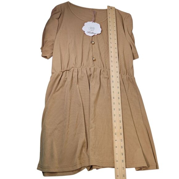 Women Ribbed 3 Front Button Short Sleeve Mini Dress Khaki Size Large - Picture 8 of 8